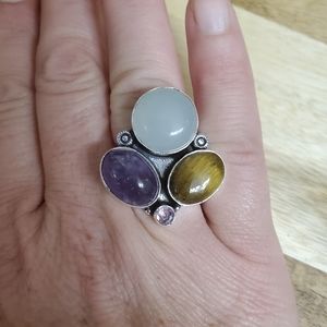 New Chalcedony, Tiger Eye, Amethyst 925 Silver Ring